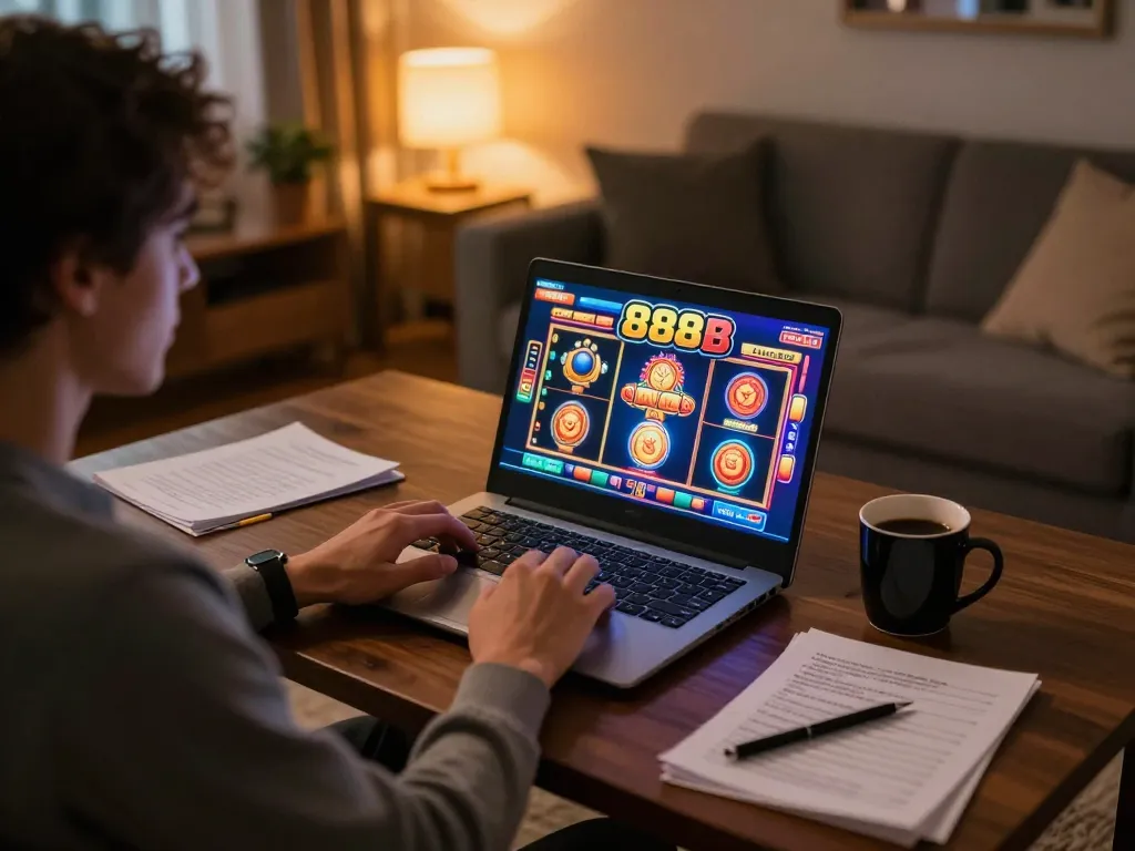 Playing lively 888b online slots at home, enjoying a vibrant casino experience.