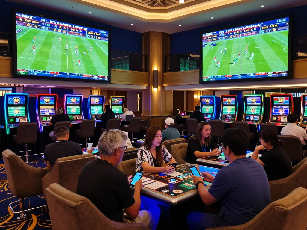 Bongdalu sports betting lounge with live matches and enthusiastic players engaging in real-time wagering