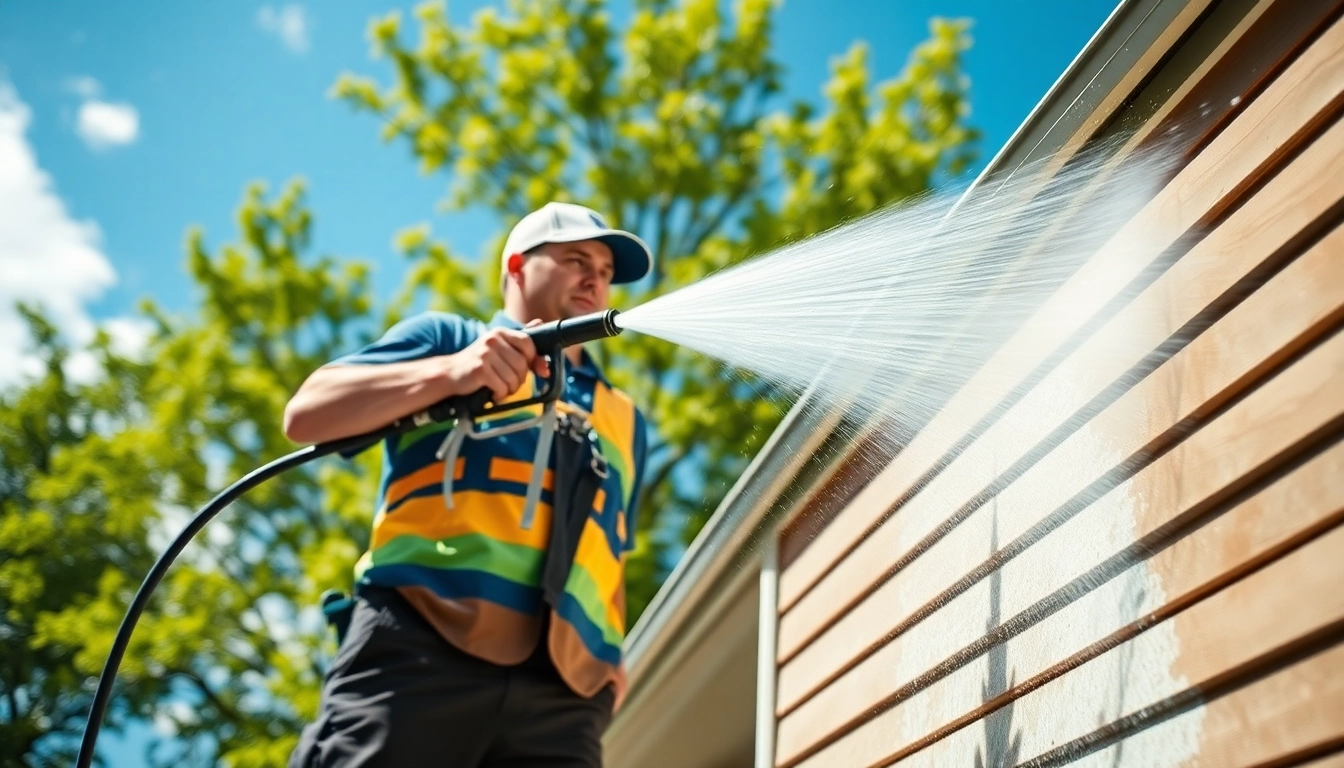 Professional pressure washing technician cleaning residential siding with a high-pressure washer.