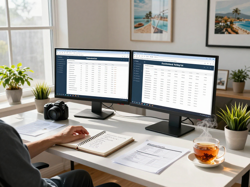 Using the furnished holiday let tax calculator in a modern home office, featuring tax results on dual screens.