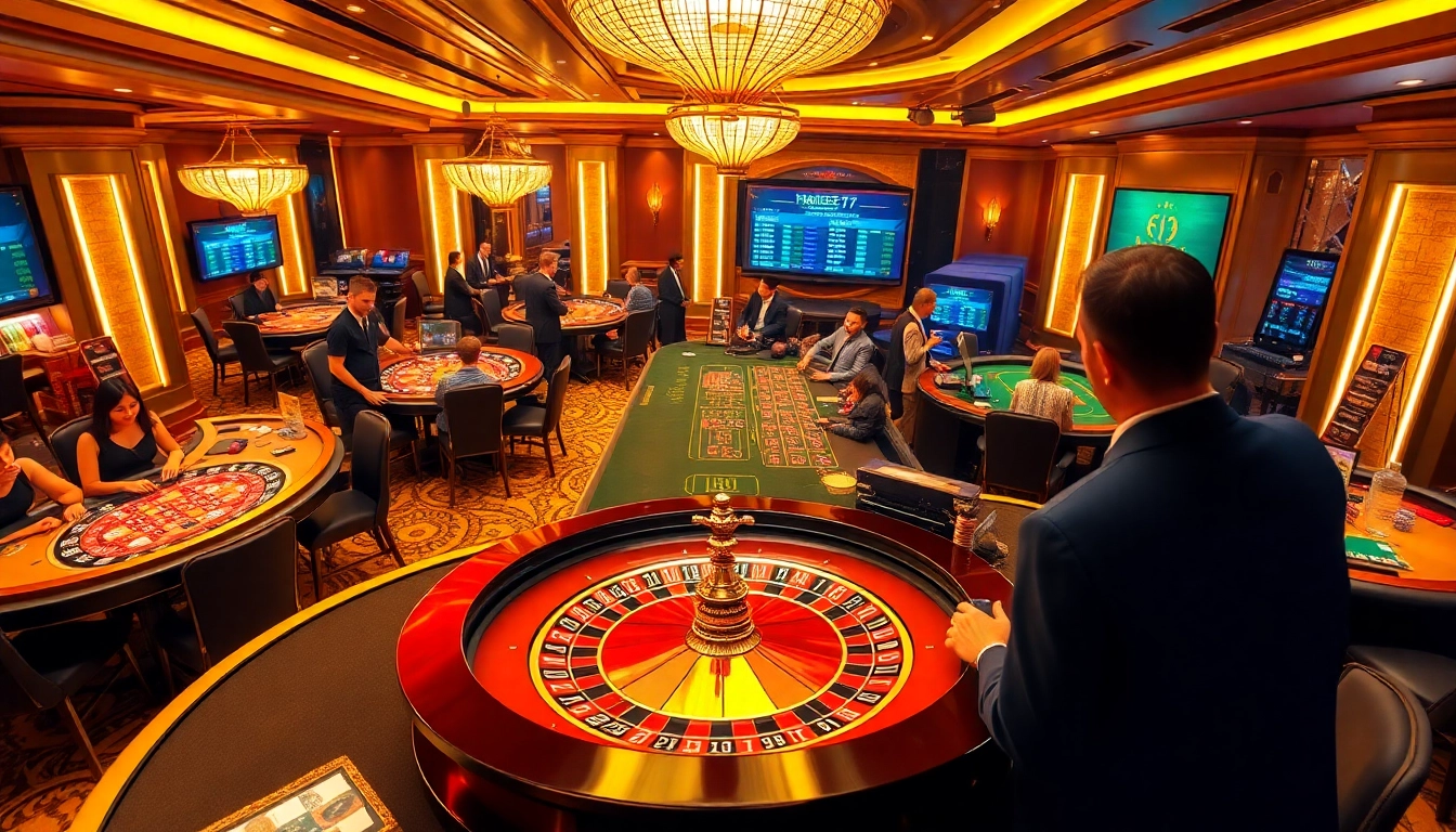 Experience the thrill at thabet77org with a vibrant casino scene featuring roulette wheels and professional gamblers.