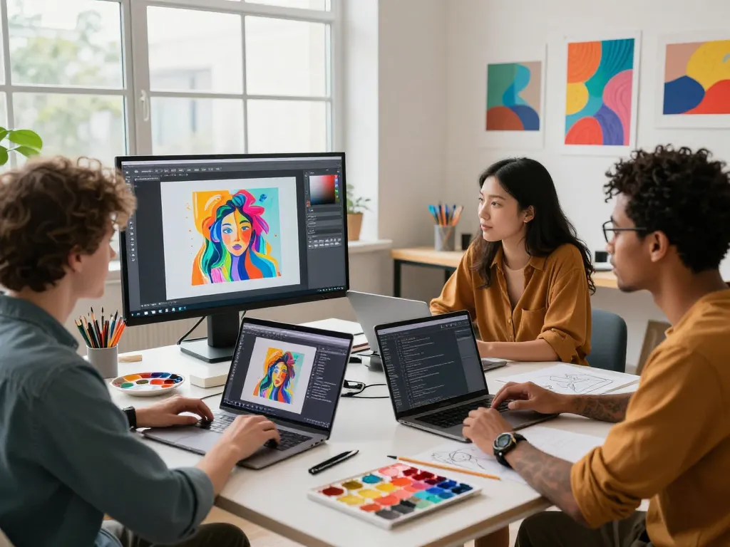 Digital artists collaborating on AI image prompt generation in a creative studio.