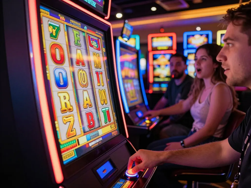 Player engaging with fc88 slot machine and celebrating a winning spin in a lively casino atmosphere