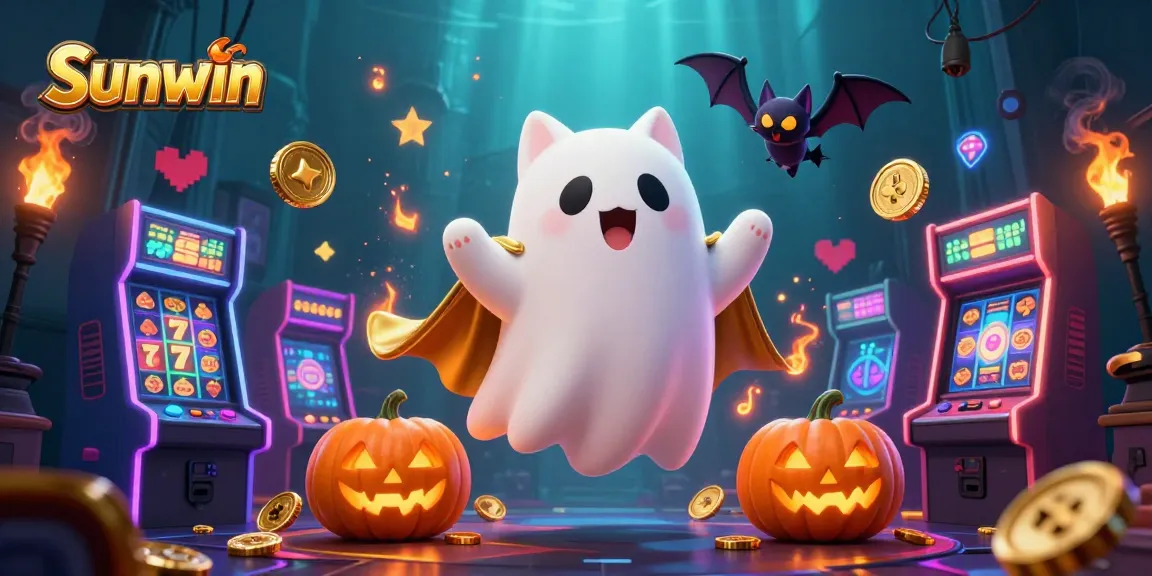 Experience thrilling wins at Sunwin with a playful ghost cat and vibrant casino elements.