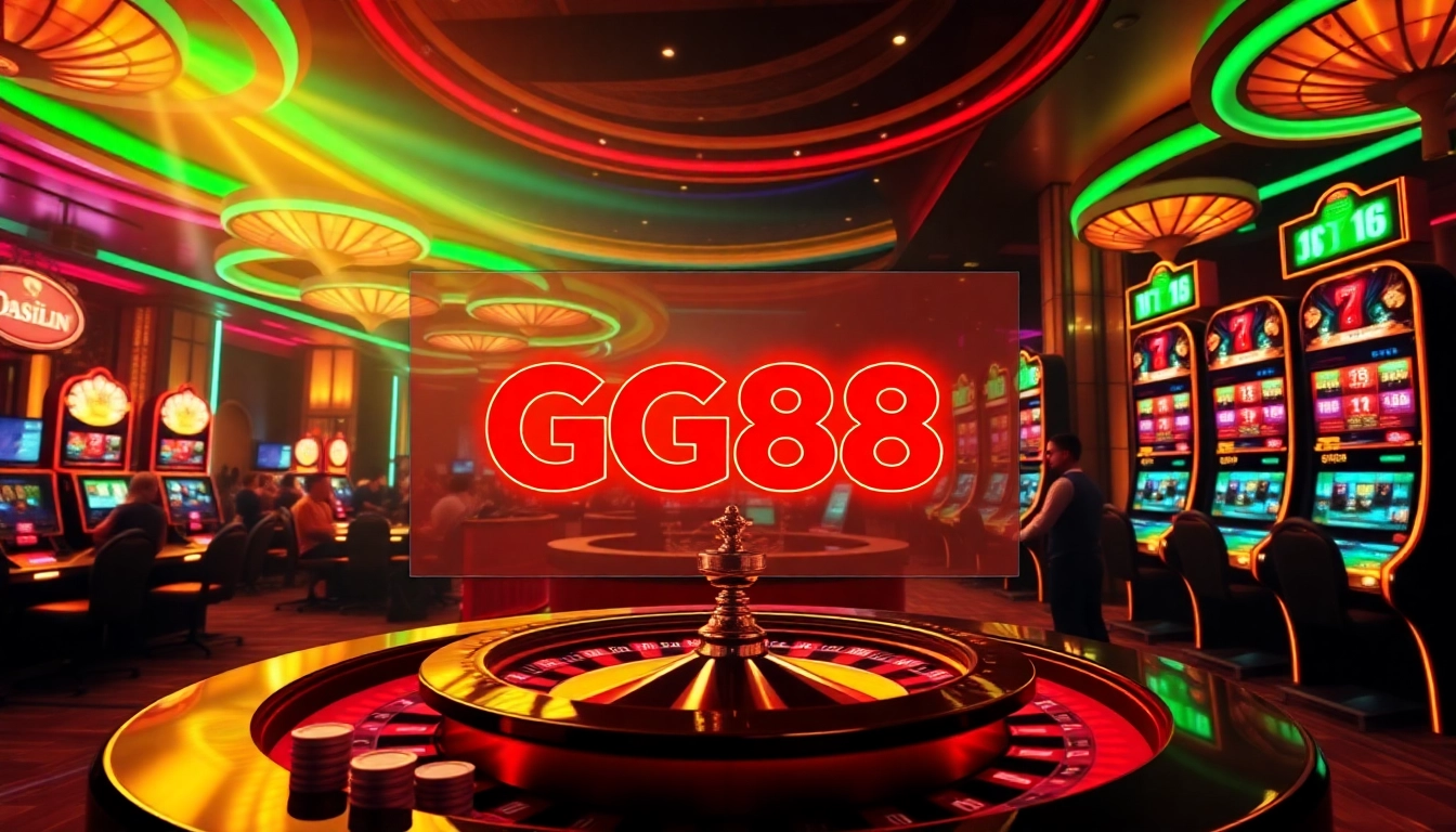 Experience thrilling gaming at GG88 with vibrant slot machines and poker chips in a luxurious casino setting.