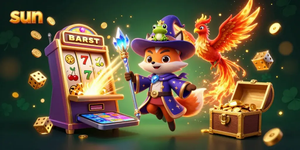 Experience thrilling gameplay with the sun slot machine and enchanting characters in this vibrant casino illustration.