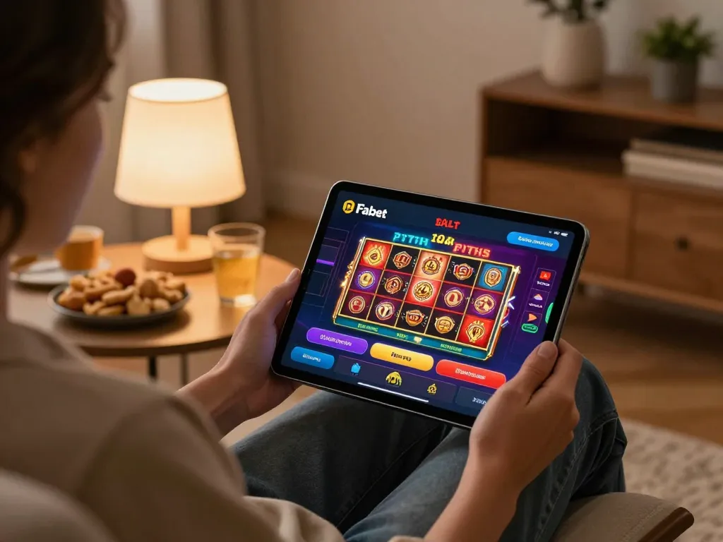 Fabet user engaging in online gambling with tablet showcasing casino games and a cozy home atmosphere.