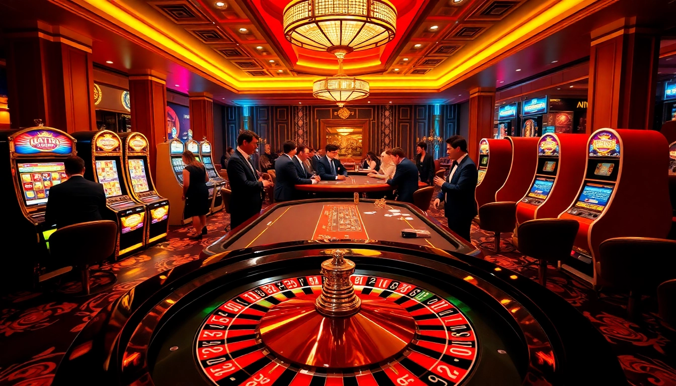 Players enjoying the thrilling game bài đổi thưởng at an upscale casino, featuring roulette and poker tables.