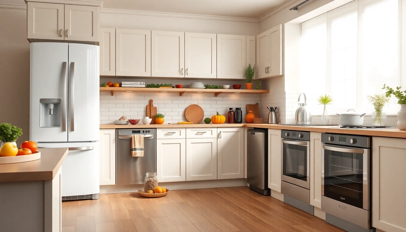 Showcase high-quality бяла техника with modern appliances in a bright, inviting kitchen setting filled with fresh ingredients.