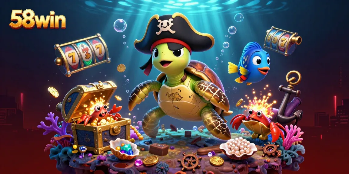 58win brings together a pirate turtle, hermit crab, and parrotfish in an underwater treasure adventure.