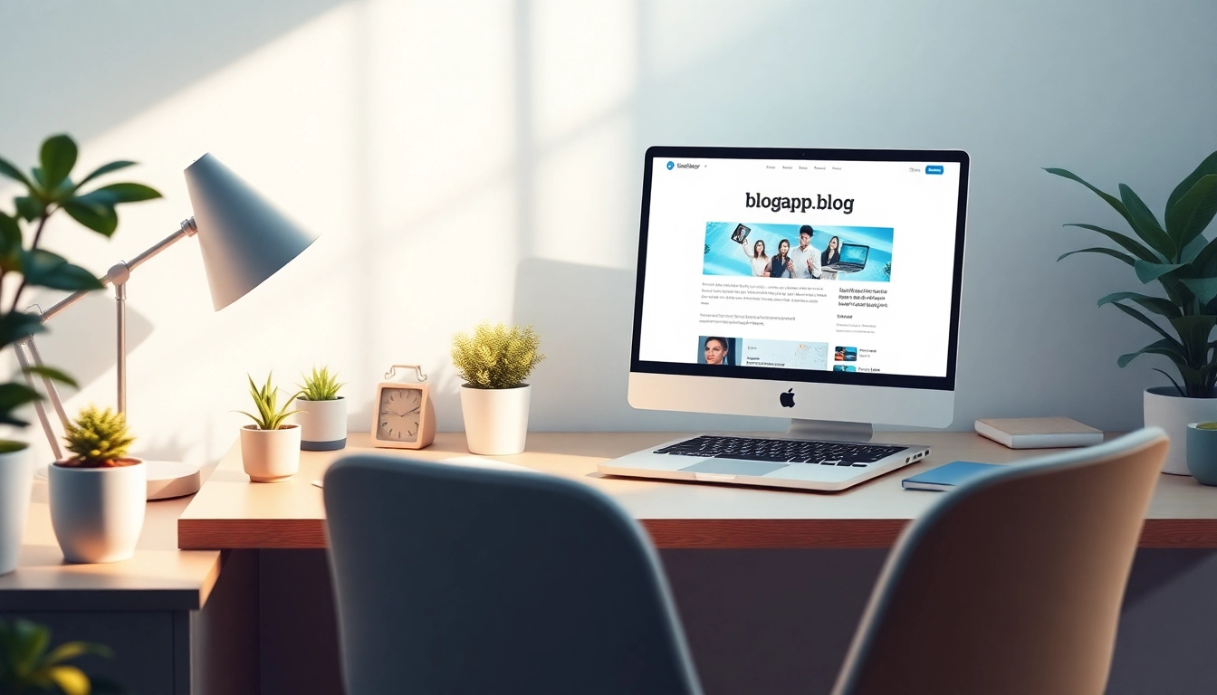 Inspiring blogging workspace showing blogapp.blog on a laptop amidst plants and cozy decor.