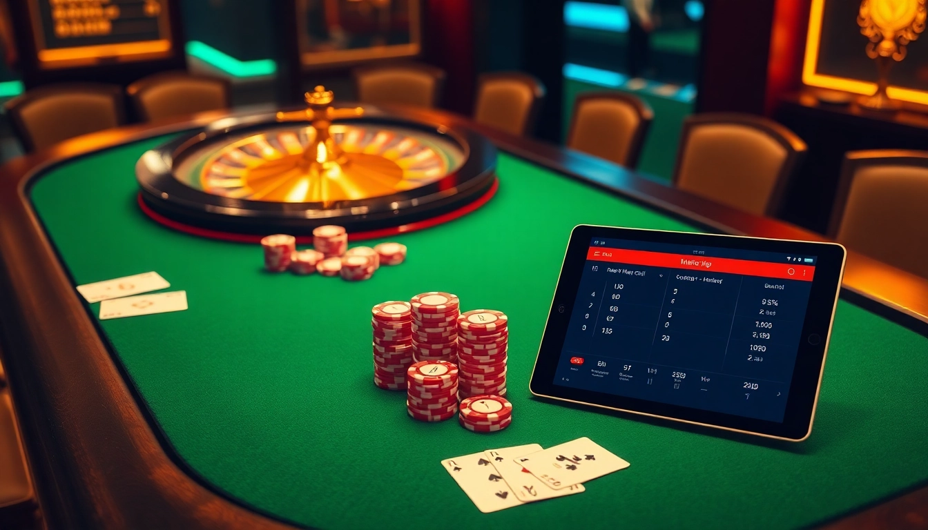 Engaging gamblers with kèo nhà cái odds on a luxurious casino table featuring poker chips and roulette.