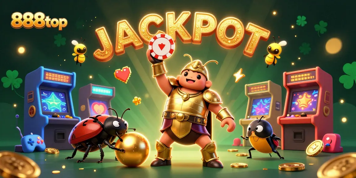 Experience thrilling wins at 888top with vibrant 3D casino action and a victorious beetle theme.