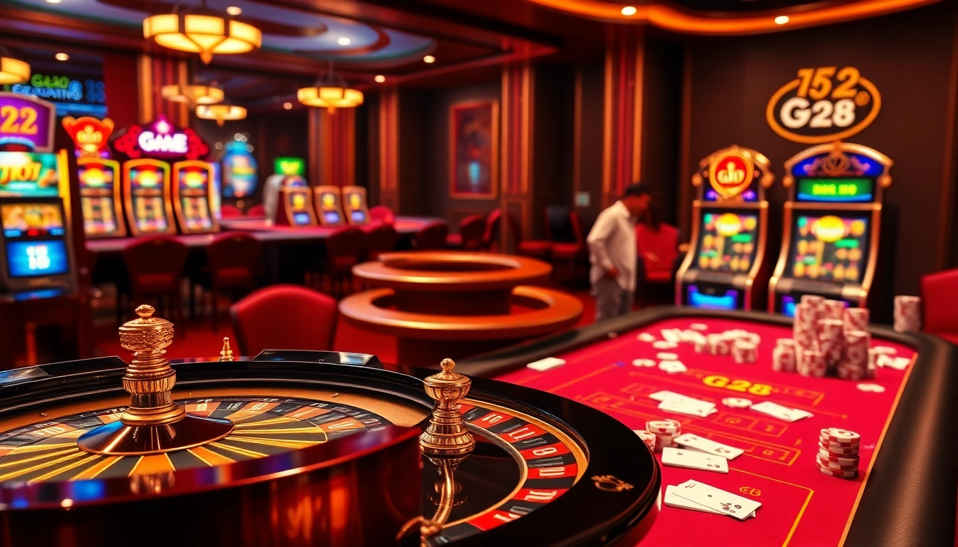 Experience the excitement of G28 at a luxurious casino featuring poker tables and vibrant slot machines.