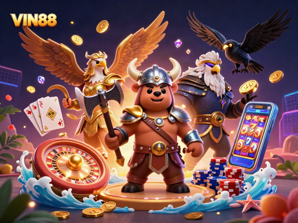Engage with the excitement of VIN88 casino gaming, featuring a Viking bear and Valkyrie eagle with dynamic elements.