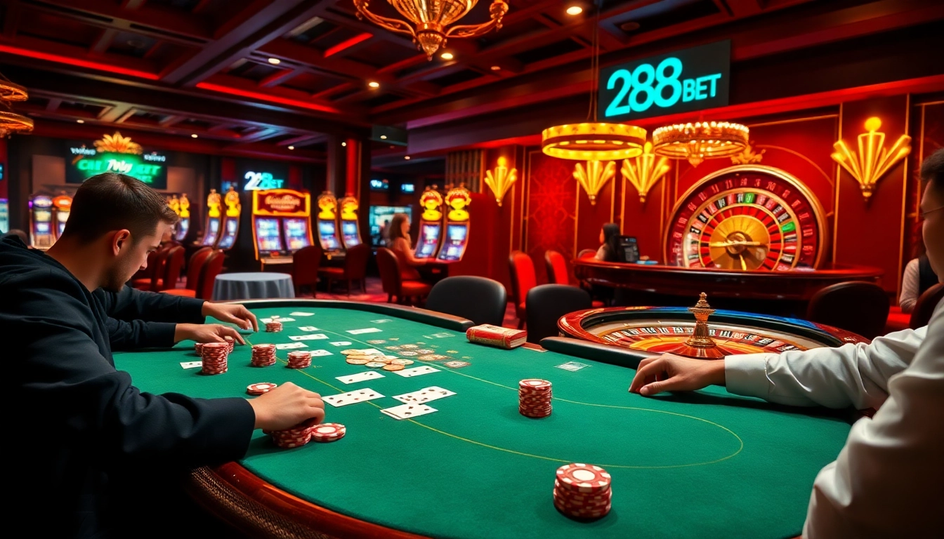 Players strategizing at a 28bet poker table amidst vibrant casino ambiance, showcasing excitement and professionalism.
