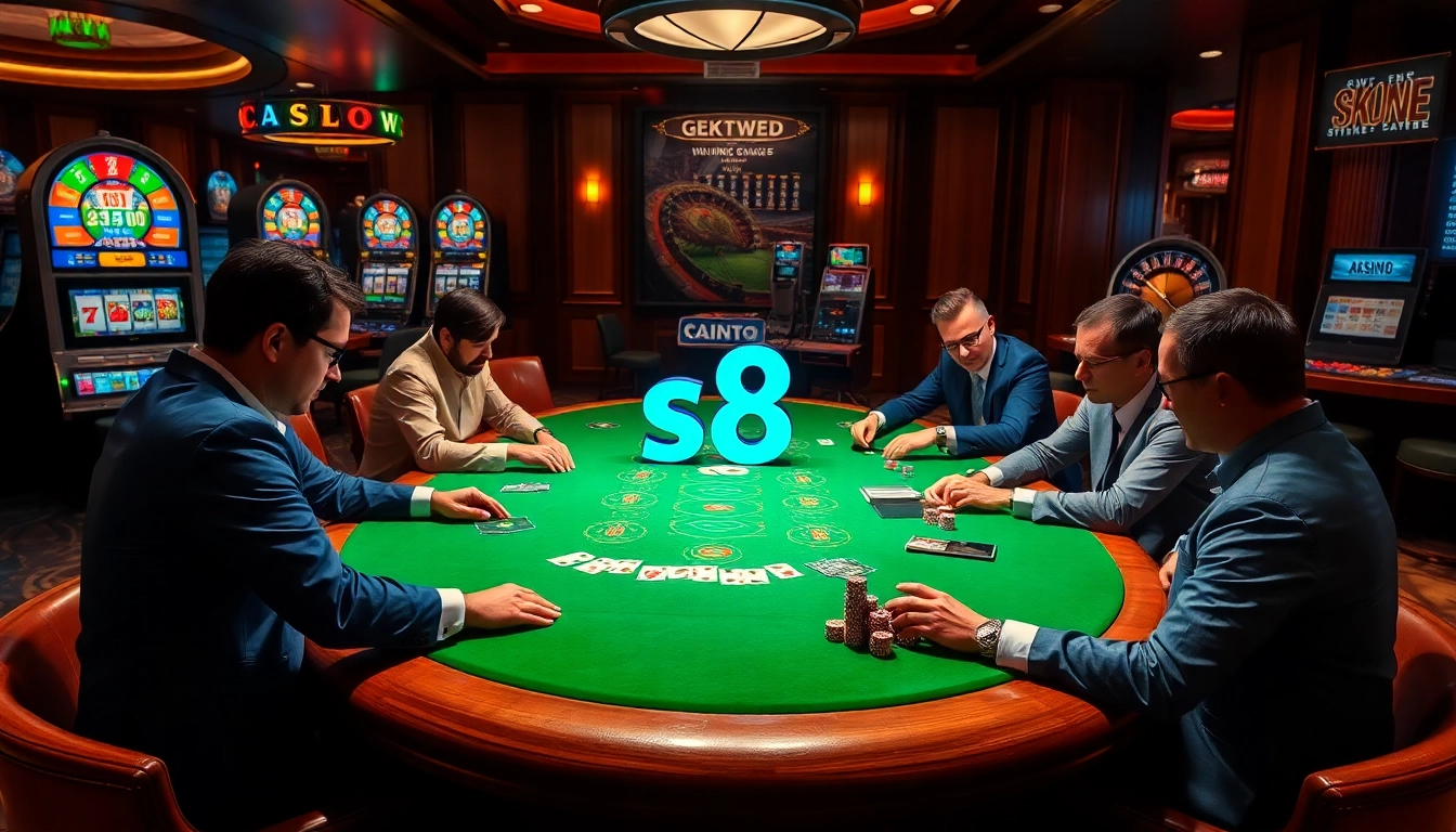 Engaging poker players at a vibrant casino table with s8 symbols, capturing the excitement of gambling.