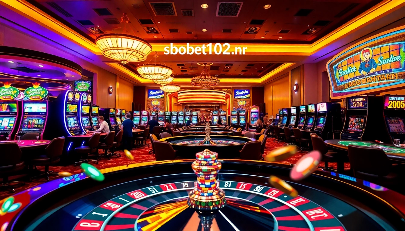 Experience the thrill of winning at https://sbobet102.com/ in a vibrant casino atmosphere filled with poker tables and slot machines.