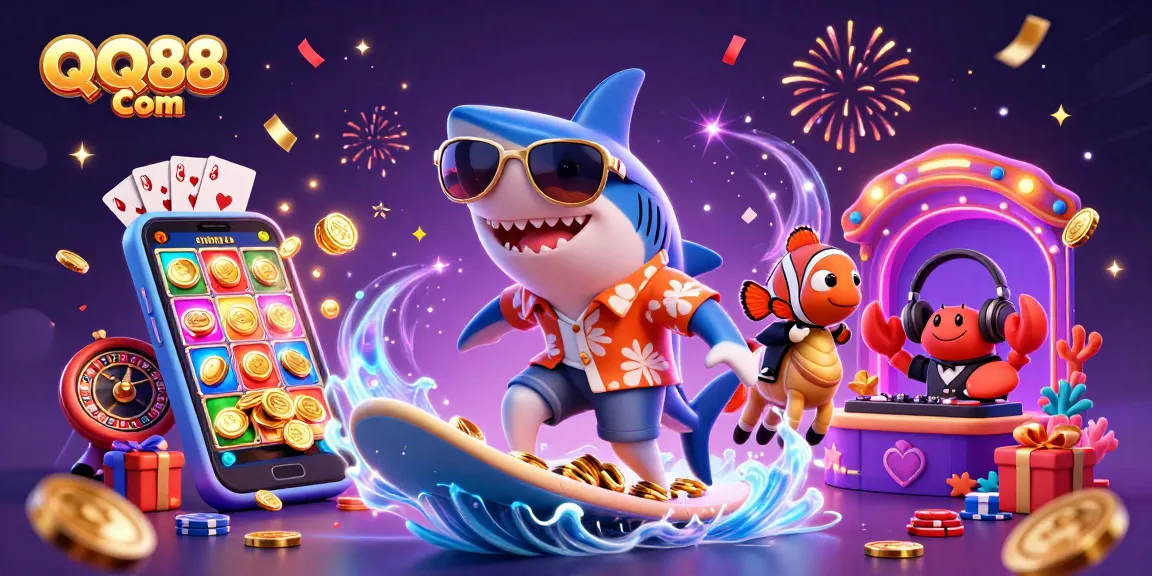 Join the fun with QQ88 Com as a shark surfs on gold coins in this vibrant casino scene.