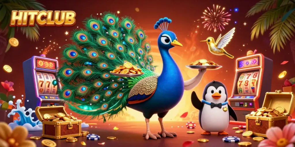 Join the excitement at HITCLUB with a vibrant, colorful display of casino games and characters.