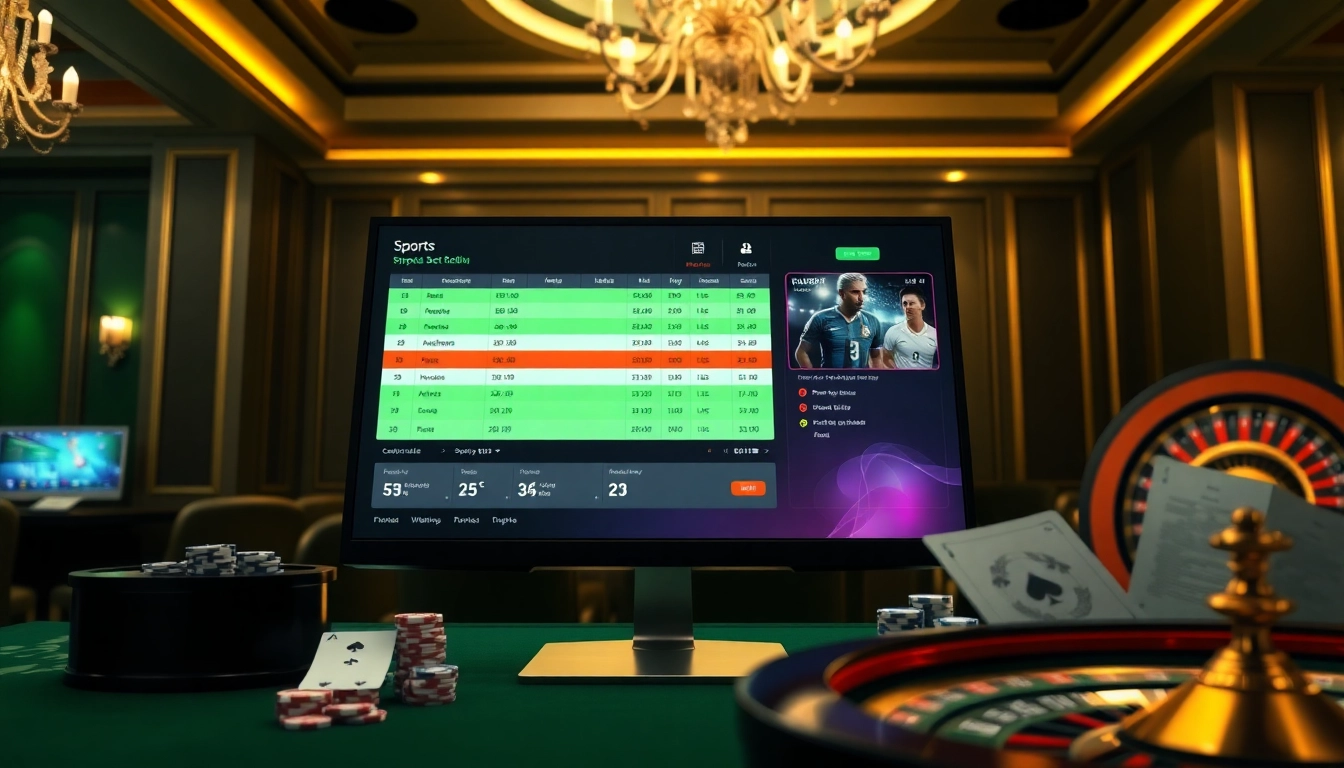 Tỷ lệ bóng đá trực tuyến showcased in a sleek online betting interface amid a luxurious casino backdrop.