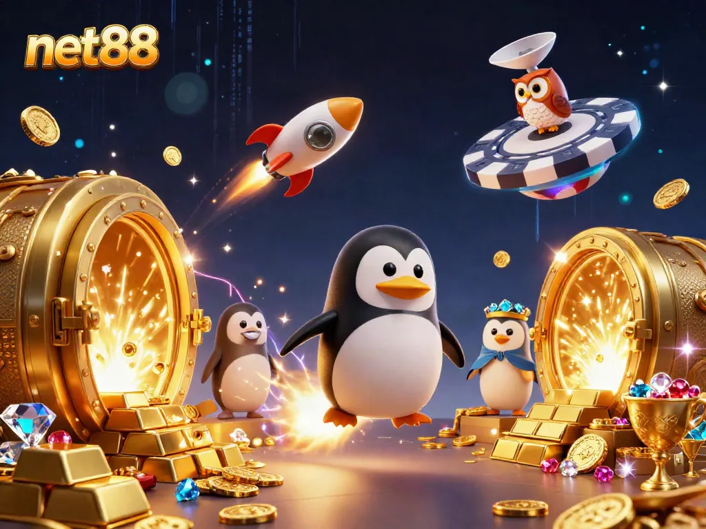 Engage with net88's vibrant universe, where a golden penguin rockets through a treasure-filled casino galaxy.