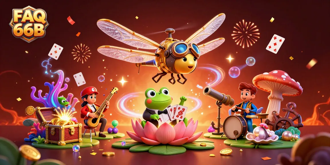 Engaging FAQ 66B visual with vibrant gambling elements featuring a dragonfly pilot and frog croupier.