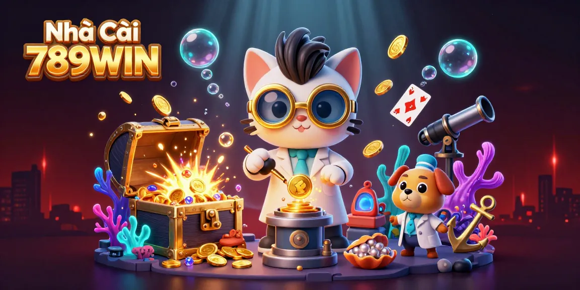 Engaging gaming scene showcasing Nhà cái 789WIN with vibrant characters, dynamic casino elements, and gold treasure.
