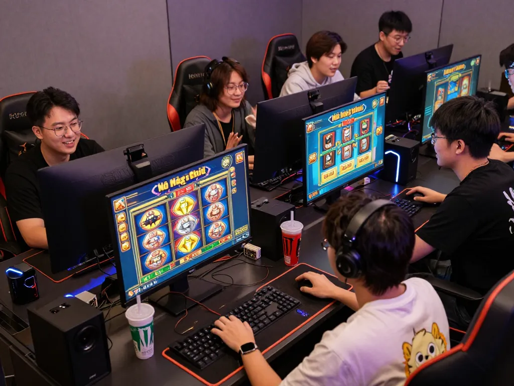 Nổ Hũ Mặt Chuột slot game capturing vibrant excitement among players in a cozy online gaming setup