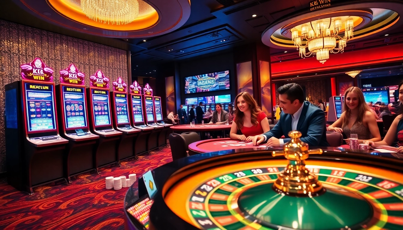 Players enjoying thrilling KK WIN casino games at vibrant tables with rich colors and exciting visuals.