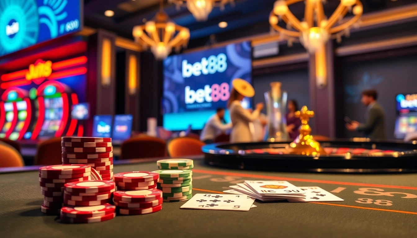 Experience thrilling gameplay at Bet88 casino with vibrant poker chips and action-packed tables.