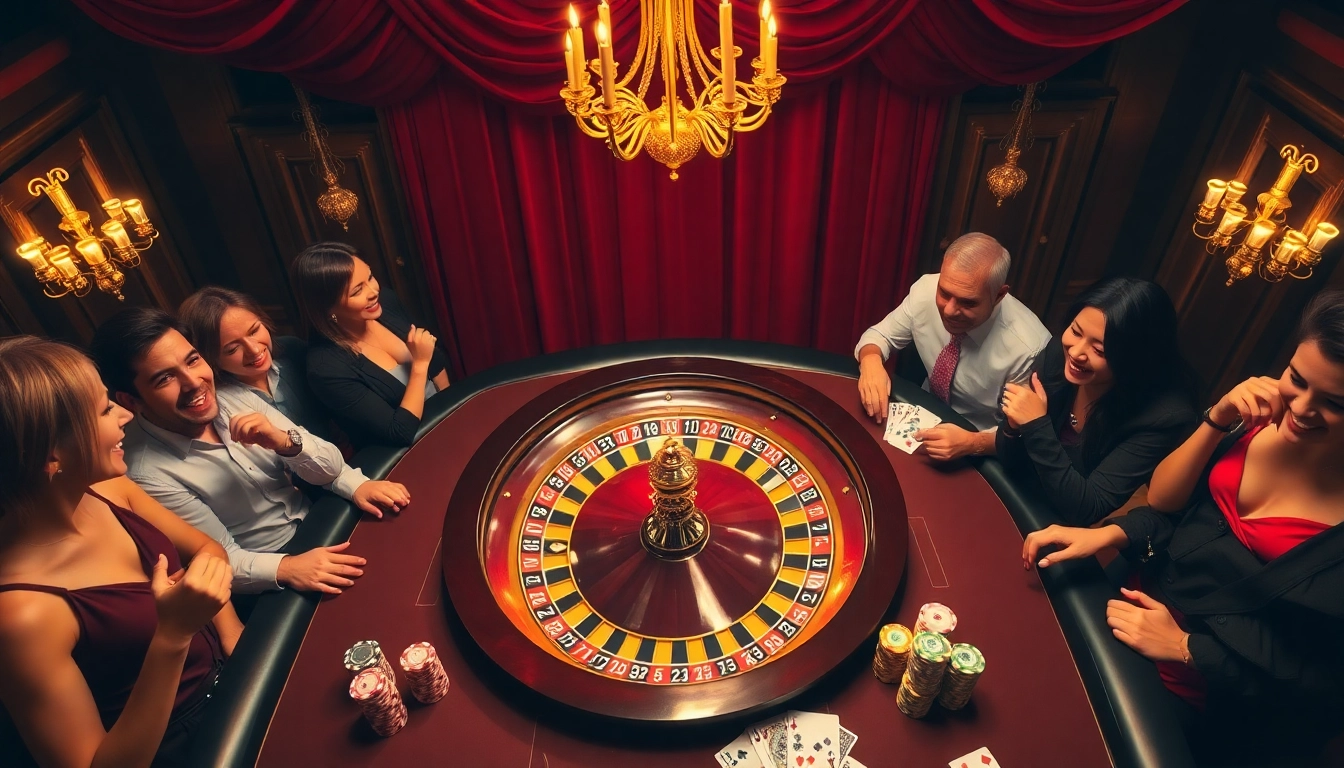 A vibrant casino scene featuring a roulette wheel and poker players, illustrating gaming excitement at https://555win1.it.com.