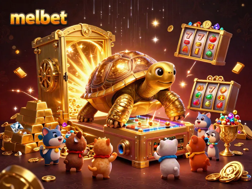 Play exciting slots with melbet through a dynamic 3D cartoon illustration featuring a golden tortoise and treasure.