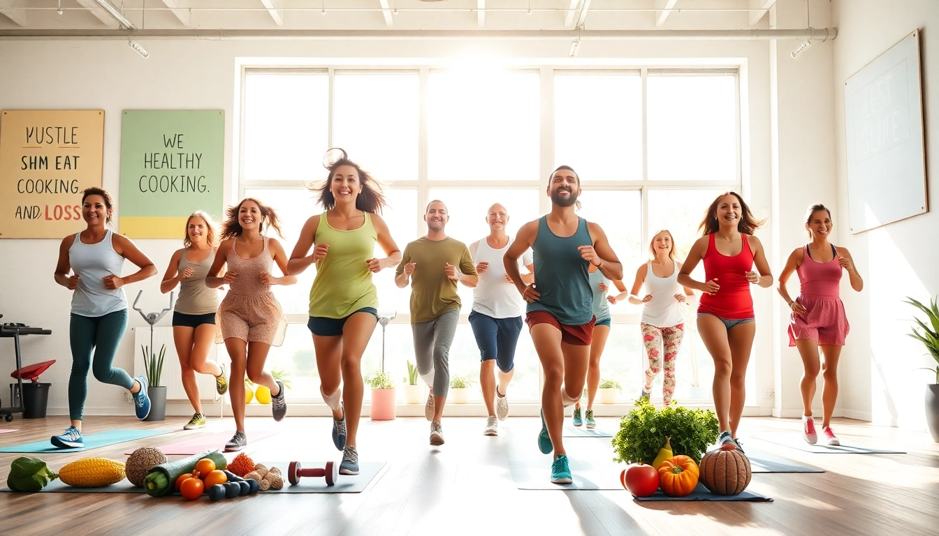 Individuals engaged in weight loss activities like jogging and yoga in a vibrant gym setting.
