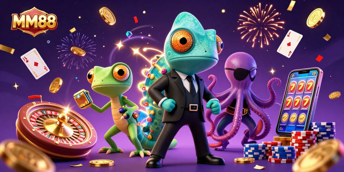 Experience excitement with MM88, as a colorful 3D scene showcases casino elements and characters.