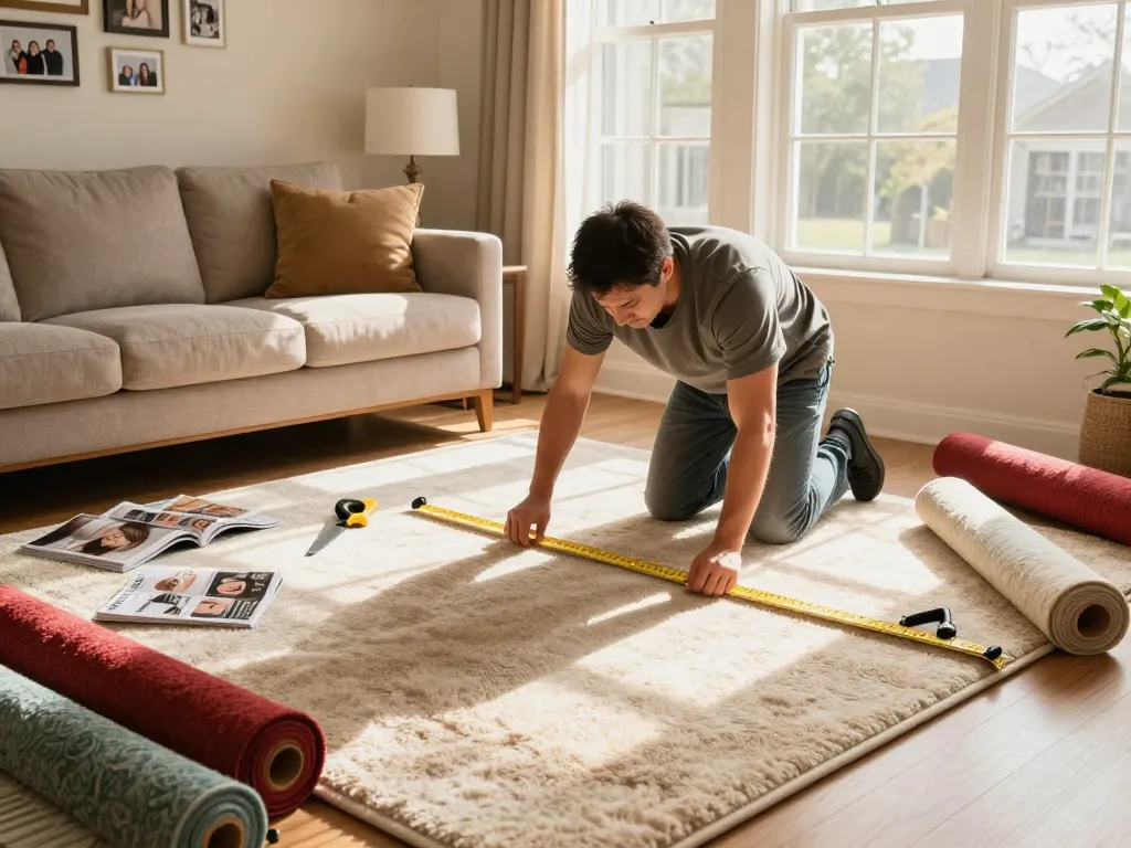 Residential carpet installation in a cozy living room with a skilled installer laying plush carpet.