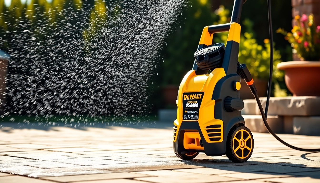 Dewalt pressure washer powerfully cleaning a driveway, showcasing its efficiency and design.
