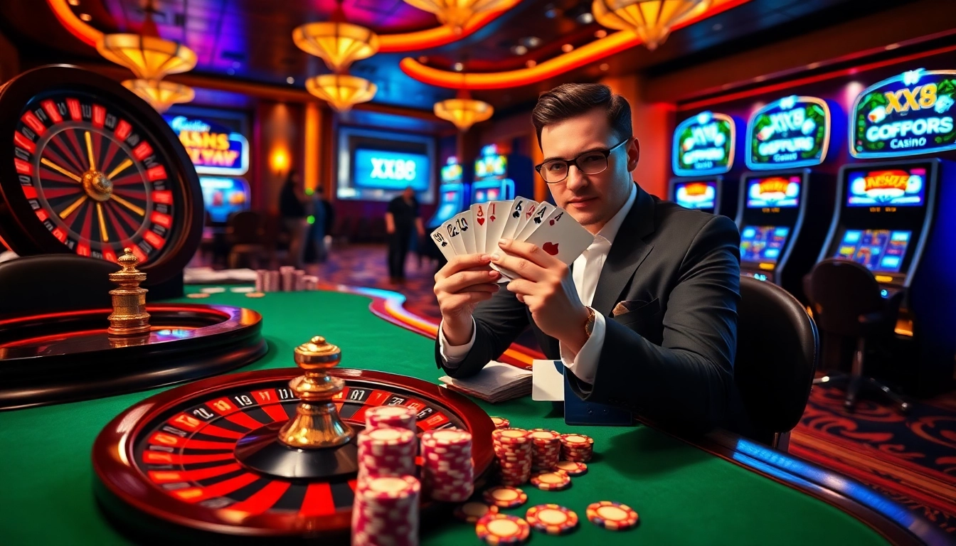 Engaged player winning at poker table in a luxurious casino environment with XX88 branding.