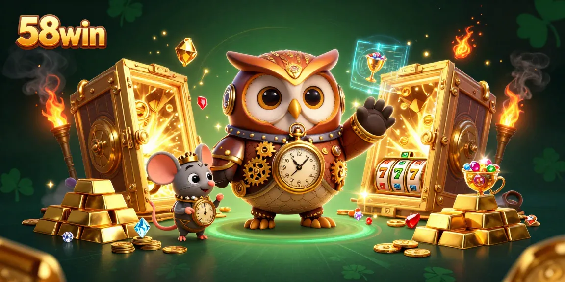 Engage with the exciting world of 58win as a cartoon owl and a clockwork mouse explore a steampunk casino.