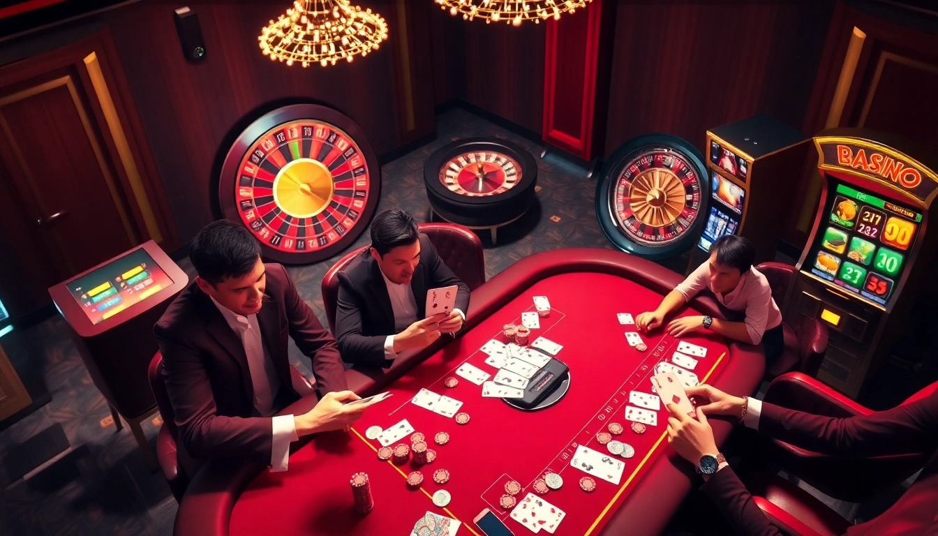 Experience thrilling poker action at ok 8386's elegant casino featuring vibrant tables and roulette.