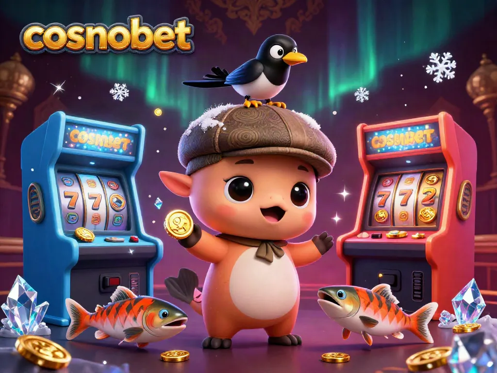 Experience the fun at cosmobet casino with a vibrant illustration featuring a lively 3D Nessie and arcade games.