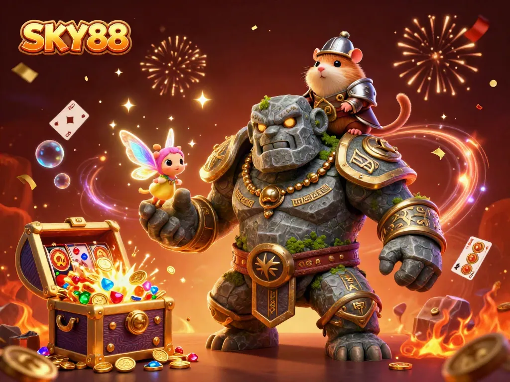 Engage in thrilling gameplay at SKY88, featuring immersive animated elements of chests, slots, and magic.