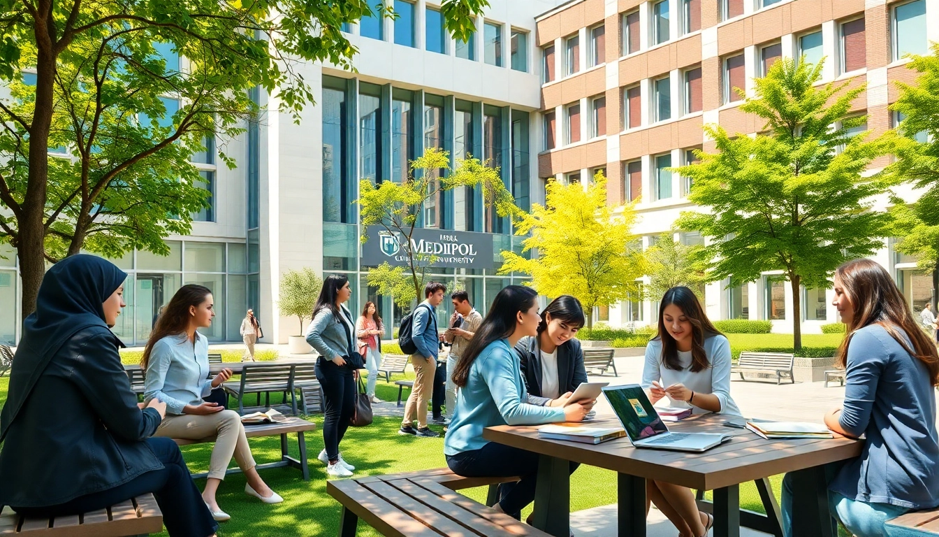 Istanbul Medipol University apply - students collaborating outside the modern campus.