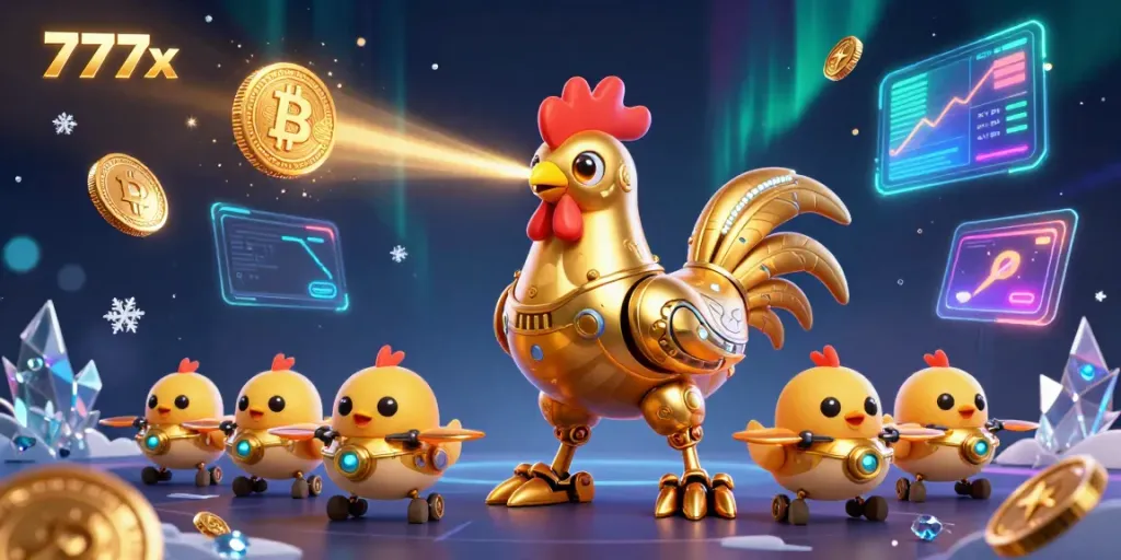 Experience the thrill of 777x with golden rooster robot engaging in vibrant digital casino excitement.