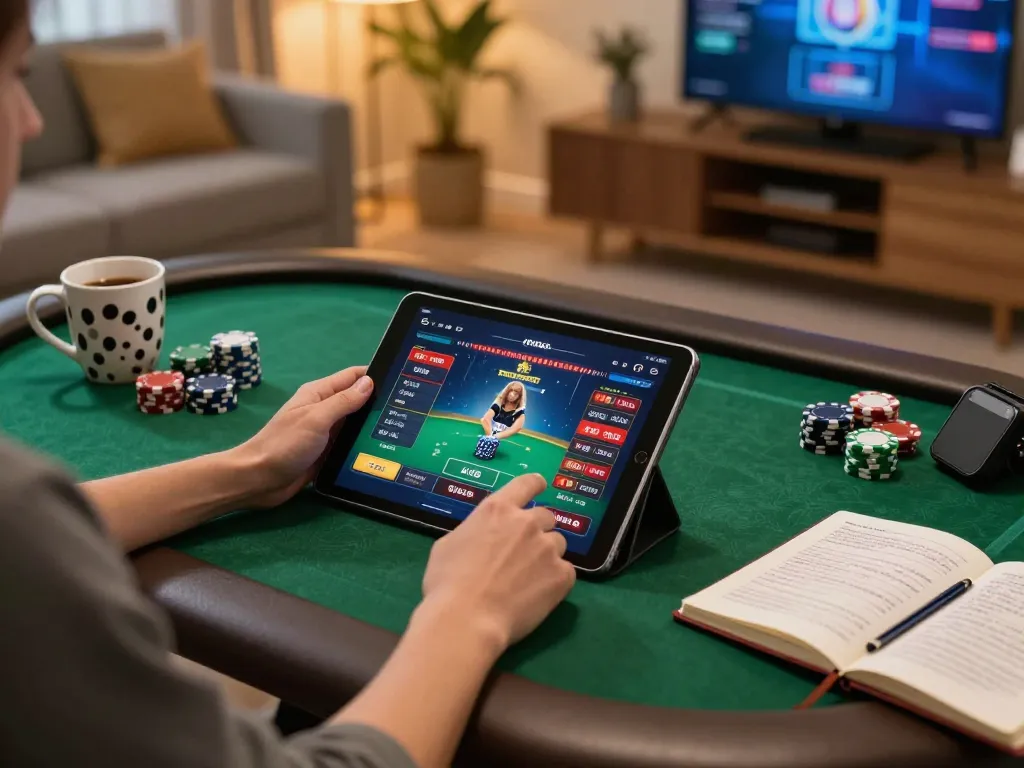 HB88 user engaged in online casino gameplay on tablet while enjoying a cozy home environment