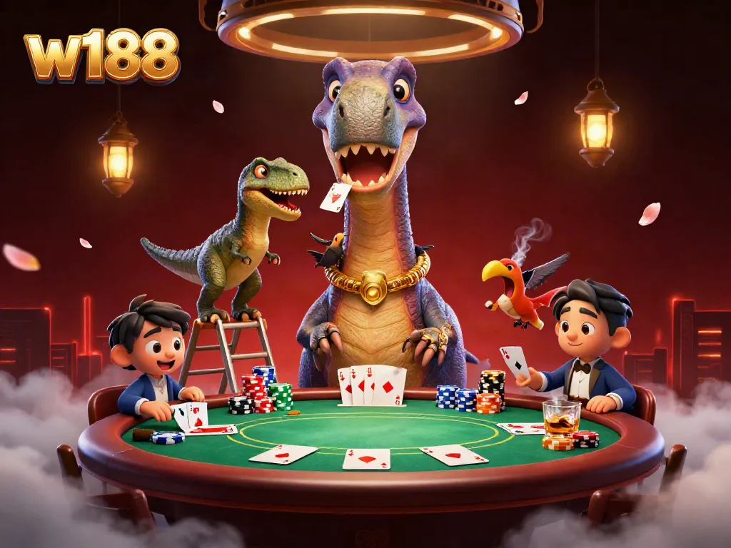 Experience epic poker action at w188 with a giant brontosaurus in a vibrant casino!