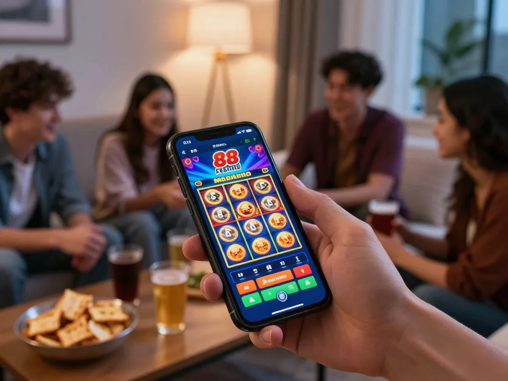 Engaging with the slot88 resmi app on a smartphone while enjoying a cozy home gaming experience.