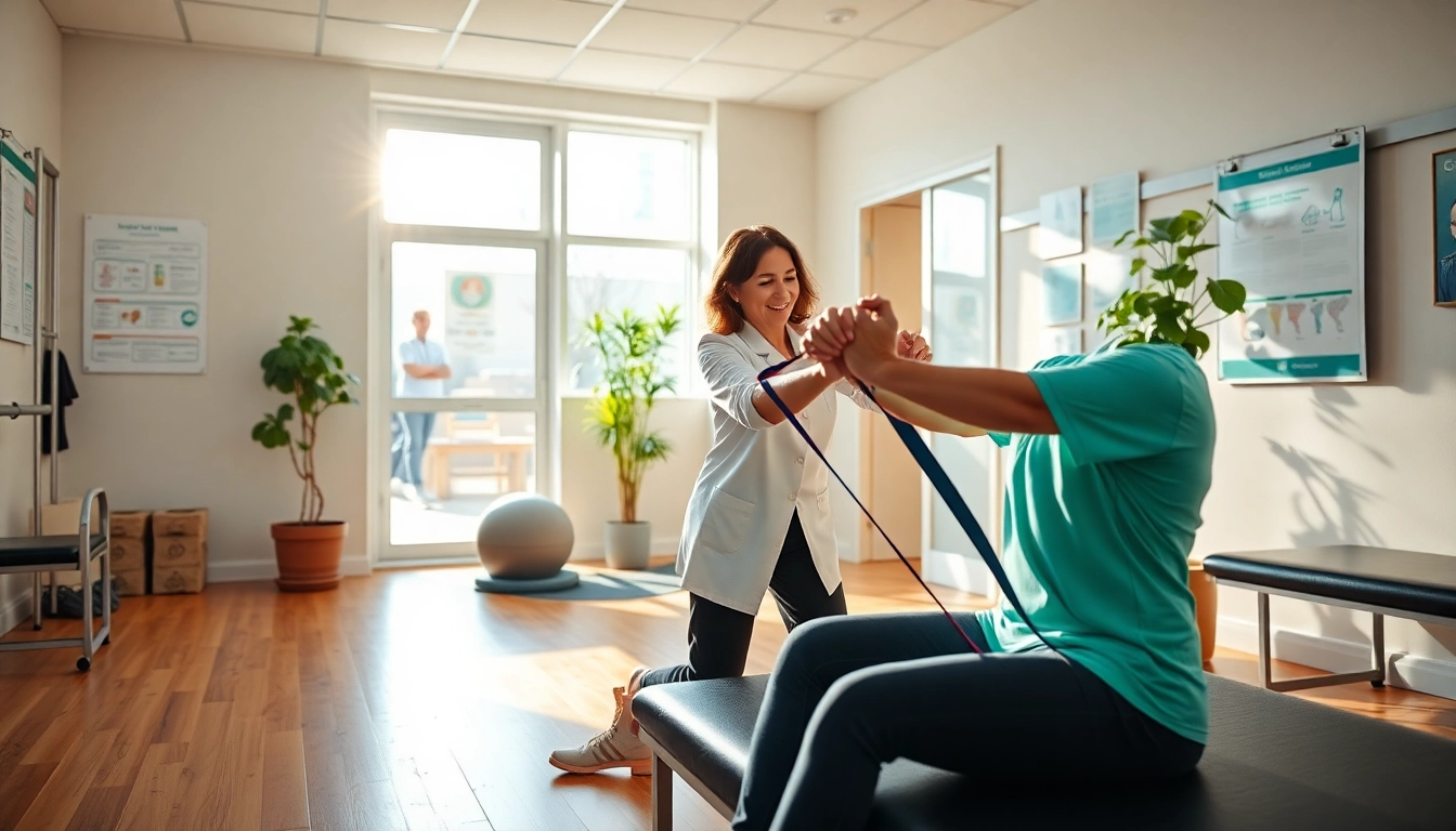 Physiotherapy Edmonton scene showing a therapist guiding a patient in a modern clinic.