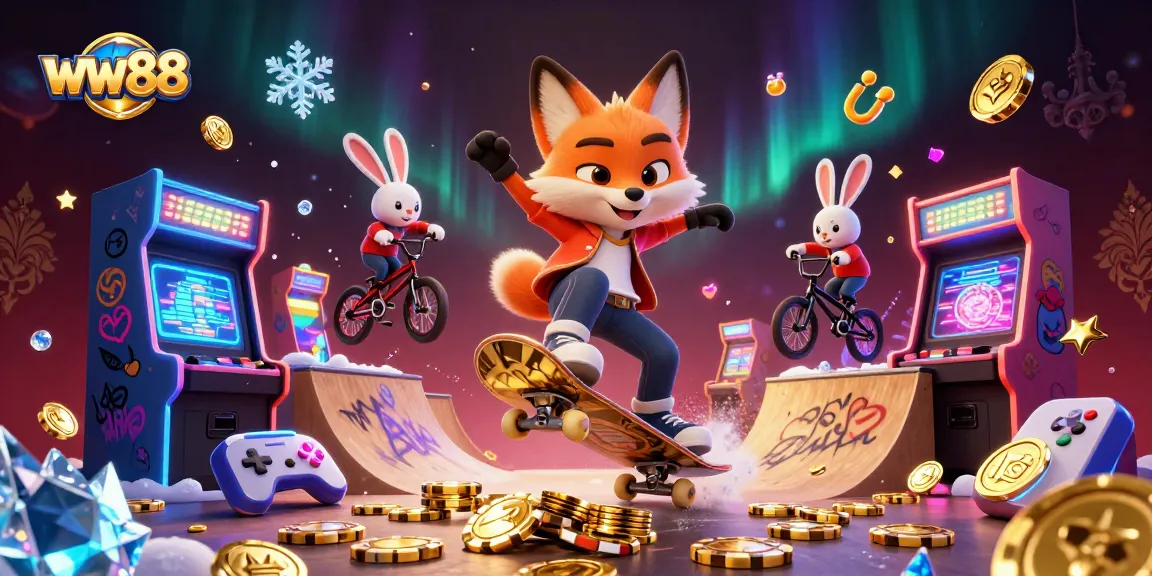 Engage with thrilling gameplay at ww88 as a vibrant skateboarder fox and BMX-riding rabbit enjoy a colorful casino adventure.