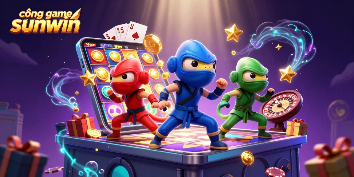 Experience excitement at cổng game sunwin with vibrant 3D chameleon ninjas and dynamic slot visuals.